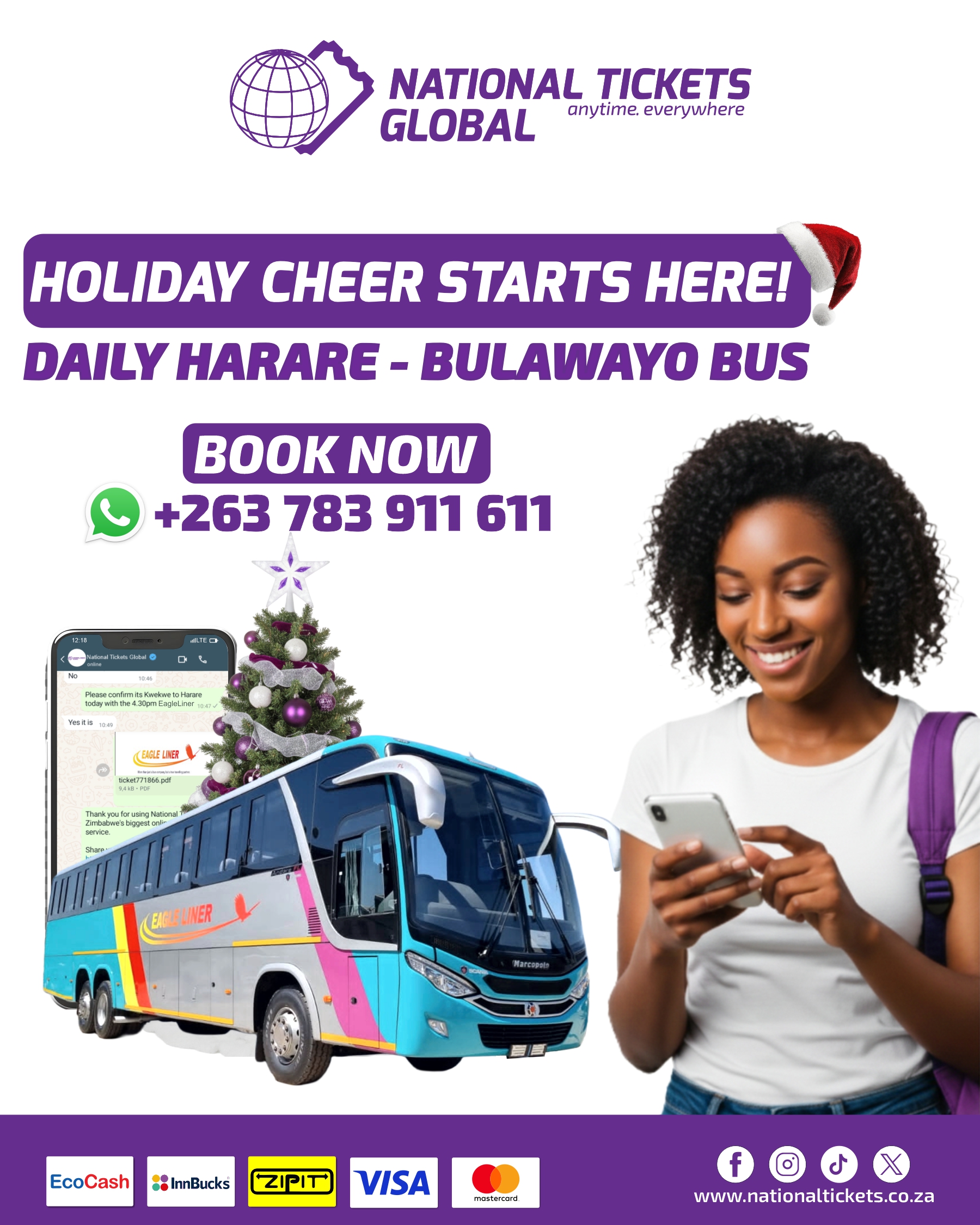  #LocalBus #bookwithus #booknow #easybookings #Luxurycoaches #safetravelsalways #localcoaches #Convince #FestiveTravel #HarareToBulawayo #ZimbabweHolidays #NationalticketsGlobal #AnytimeEverywhere #cheaptickets #Harare #CHEGUTU #Bulawayo #Kadoma #Gweru #Kwekwe #Mutare #Masvingo #TellAFriend #citylink #Eagleliner #msustudent