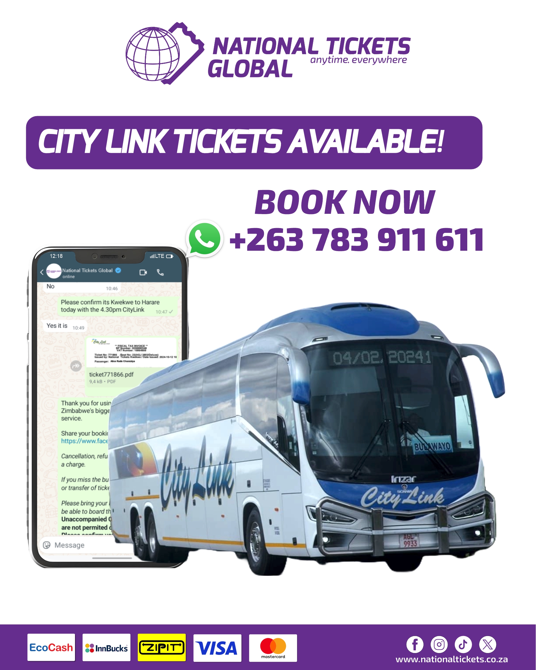 #citylink #LocalBus #bookwithus #booknow #easybookings #safetravelsalways #localcoaches #Convince #Nationaltickets #Global #LuxuryTravel #AnytimeEverywhere #cheaptickets #Harare #norton #CHEGUTU #Bulawayo #Kadoma #Gweru #Kwekwe #TellAFriend #citylink