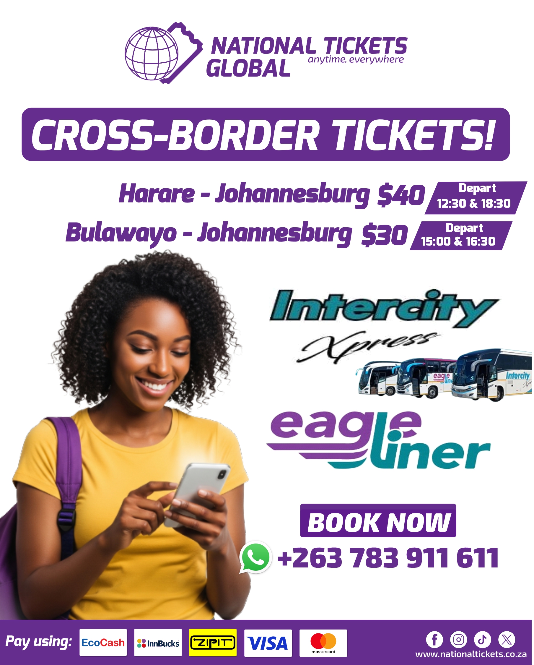 #CrossBorderBus #hararetojoburgbus #bookwithus #booknow #easybookings #Convince #Nationaltickets #Global #LuxuryTravel #AnytimeEverywhere #cheaptickets #harare #johannesburg #Bulawayo #Kadoma #Gweru #Gwanda #Kwekwe #Pretoria #midrand #Beitbridge #Masvingo #Chivhu #Mvuma #TellAFriend #intercityexpress #eaglelinertransport #heroesholidayweekend