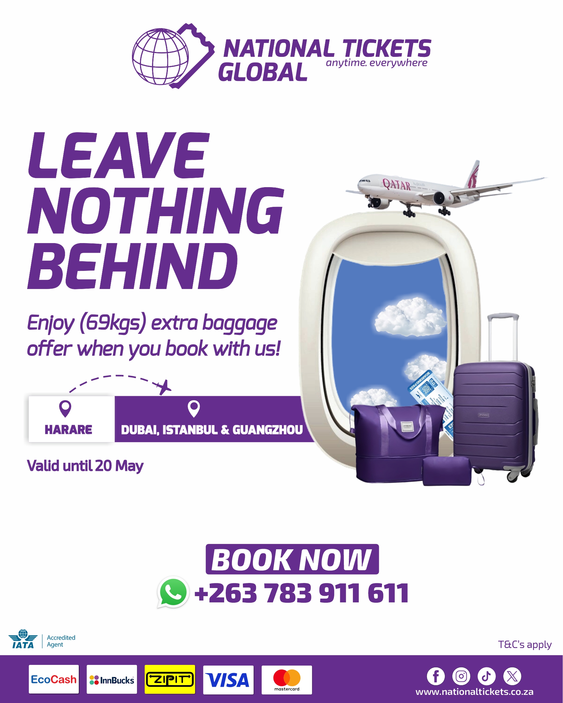 #FlightDeals #bookwithus #booknow #easybookings #Convince #Nationaltickets #Global #AnytimeEverywhere #cheaptickets #Harare #joburgtovicfalls #CHEGUTU #Bulawayo #Kadoma #Gweru #Kwekwe #TellAFriend #dubaiflights #IstanbulFlights #guangzhouflights #ExtraBaggage #QatarAirways #QatarFlights